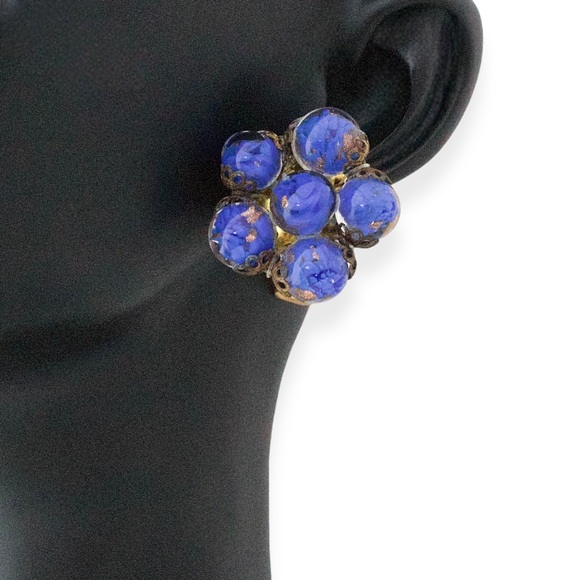 Vintage Venetian Glass Bead Clip On Earrings Cobalt Blue Aventurine Murano Italy - Picture 2 of 5